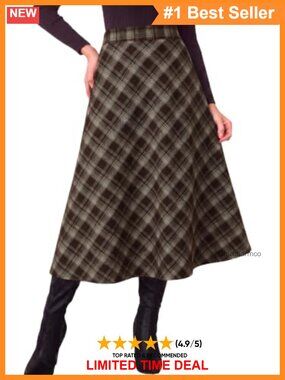 Womens Plaid Corduroy Maxi Skirt A-Line High Rise Elastic Waist Fall Winter